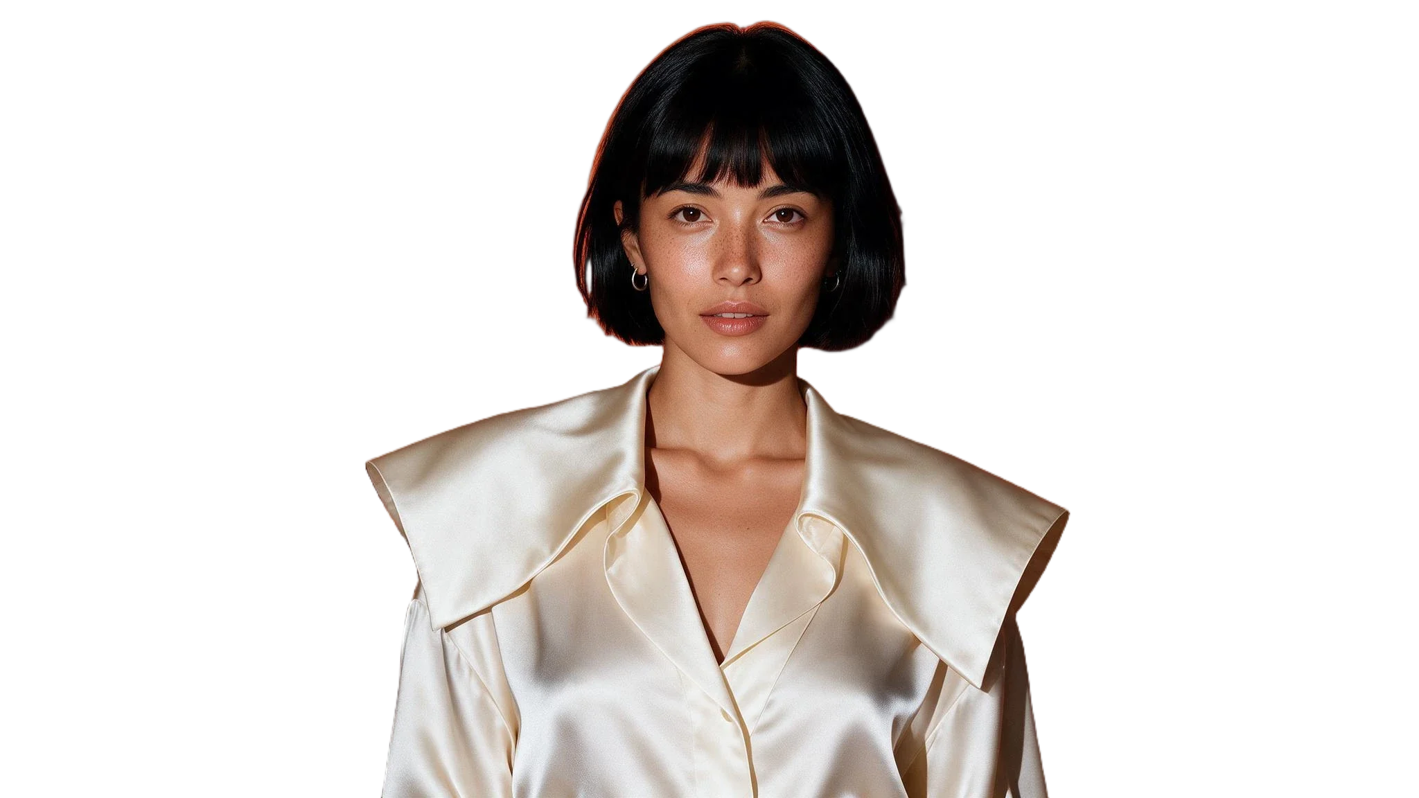 Cover: The fashion cover. A studio editorial on a tangerine wall: hard flash, a sculptural silk collar, one steady look.